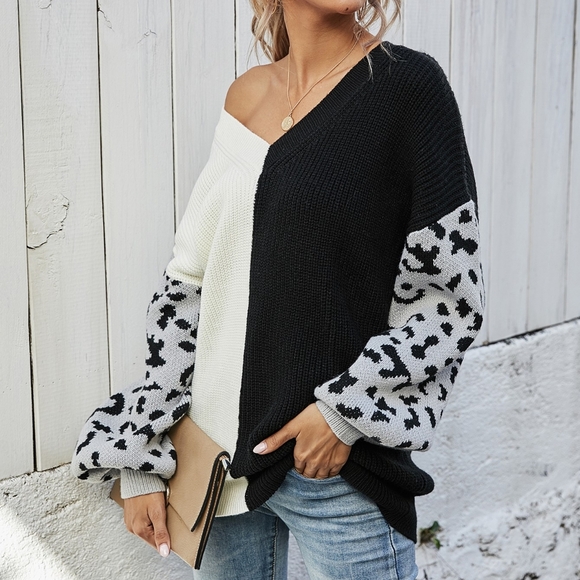 Melody Leopard Colorblock Sweater  - White/Black - Picture 5 of 5